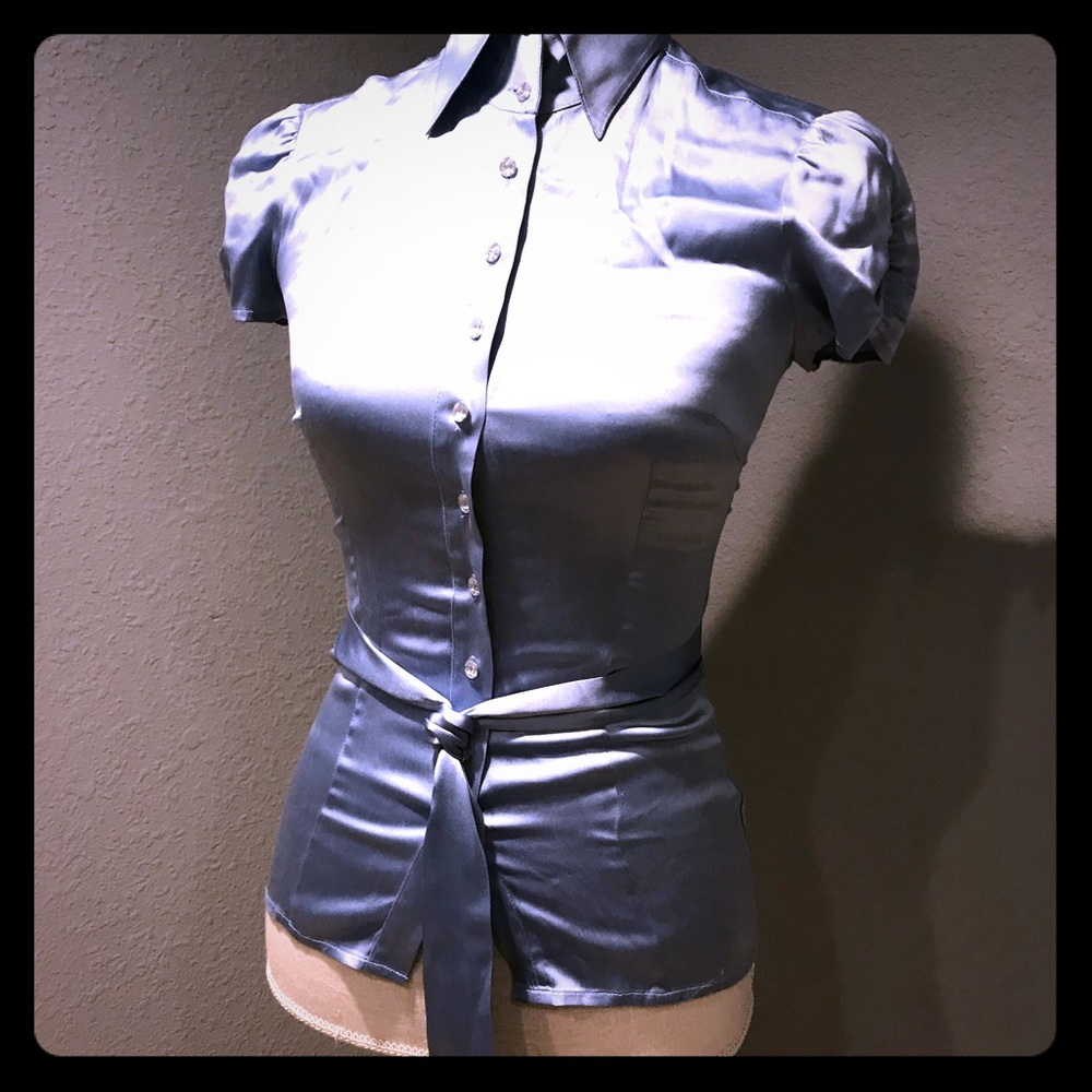 Bebe powder blue button silk and spandex blouse